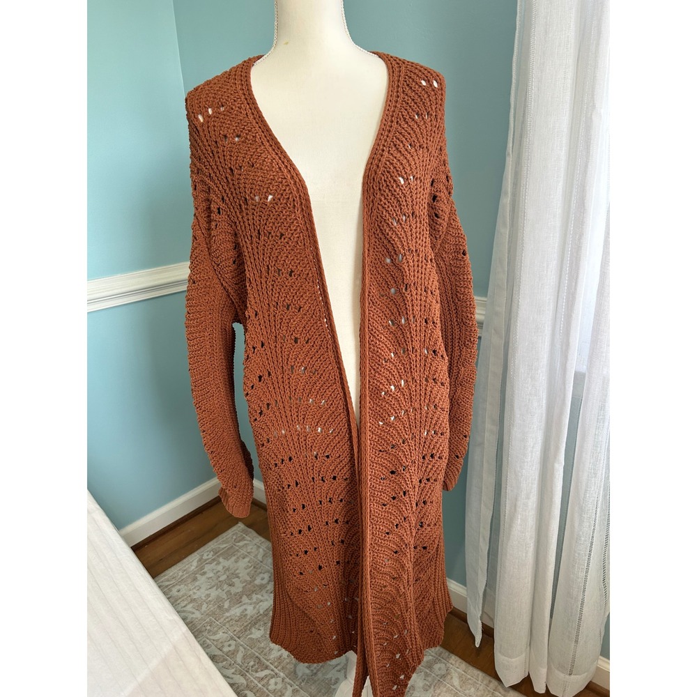 Absolutely Famous Rust Orange Pointelle Knit Longline Open Front Cardigan Medium